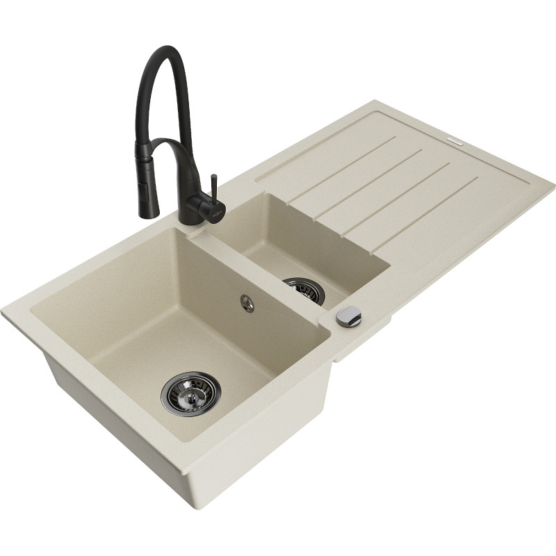 Mexen Andres 1.5-Bowl Granite Kitchen Sink with Drainer and Aster Faucet, Beige - 6515-69-73450-70-B