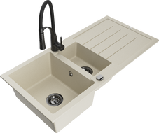 Mexen Andres granite sink 1.5-bowl with drainer and Aster kitchen tap, beige - 6515-69-73450-70-B