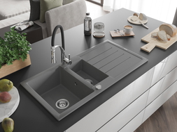 Mexen Andres 1.5-bowl granite sink with drainer and Aster kitchen faucet, gray - 6515-71-73450-07