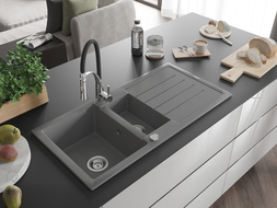 Mexen Andres 1.5-compartment granite sink with a drip tray and kitchen mixer tap Aster, Grey - 6515-71-73450-07