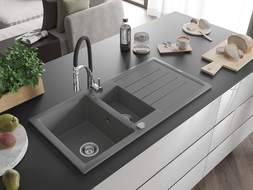 Mexen Andres granite sink 1.5-bowl with drainer and Aster kitchen tap, grey - 6515-71-73450-07