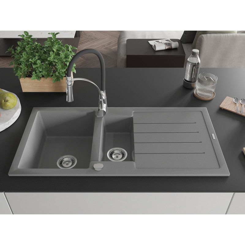 Mexen Andres 1.5-bowl granite sink with drainer and Aster kitchen faucet, gray - 6515-71-73450-07