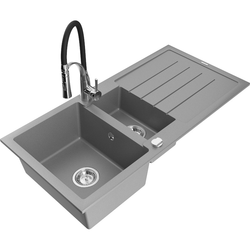 Mexen Andres 1.5-bowl granite sink with drainer and Aster kitchen faucet, gray - 6515-71-73450-07
