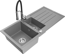 Mexen Andres 1.5-bowl granite sink with drainer and Aster kitchen faucet, gray - 6515-71-73450-07