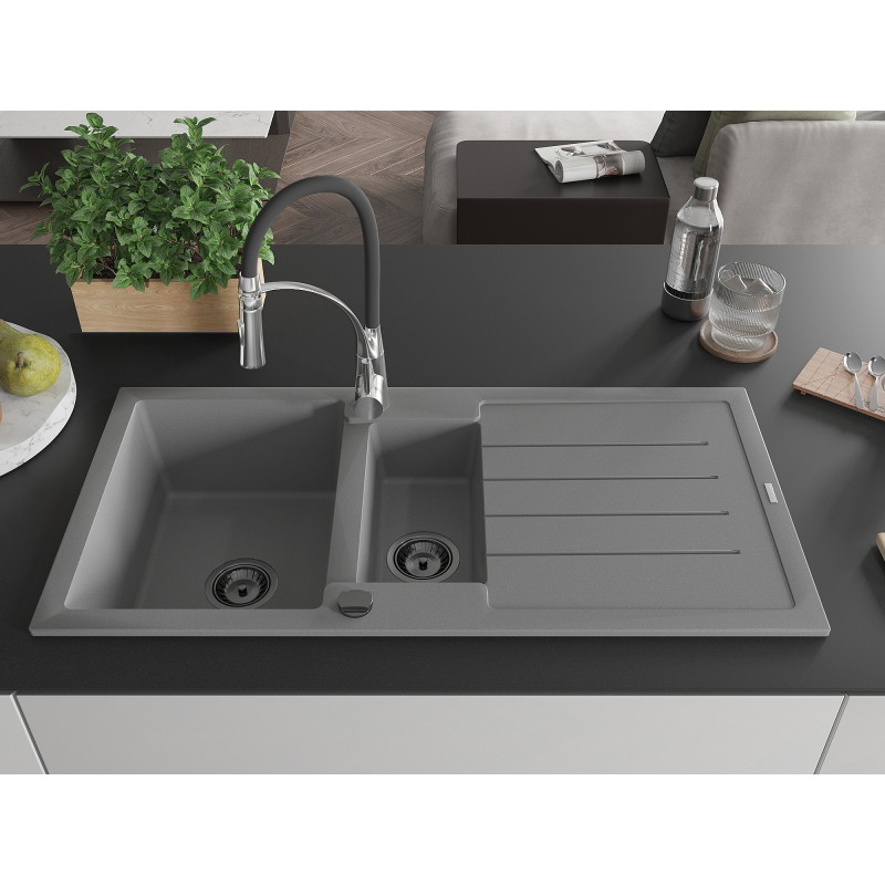 Mexen Andres granite kitchen sink 1.5-bowl with drainer and kitchen faucet Aster, gray - 6515-71-73450-07-B