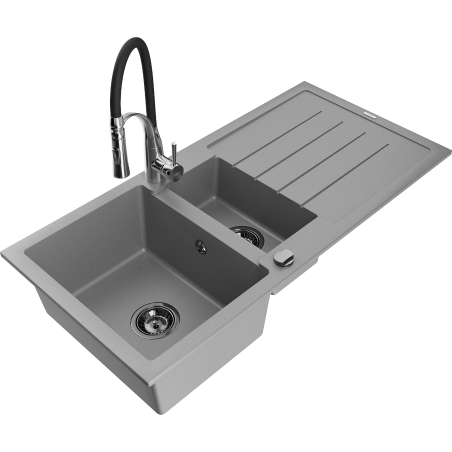 Mexen Andres 1.5-compartment granite sink with a drip tray and kitchen mixer tap Aster, Grey - 6515-71-73450-07-B