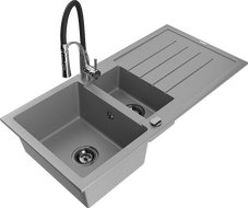Mexen Andres 1.5-bowl granite sink with drainer and Aster kitchen tap, grey - 6515-71-73450-07-B