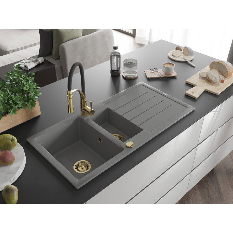 Mexen Andres granite sink 1.5-bowl with drainer and Aster kitchen tap, grey - 6515-71-73450-57-G
