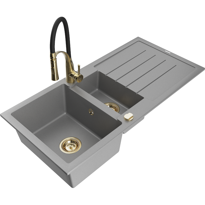 Mexen Andres 1.5-compartment granite sink with a drip tray and kitchen mixer tap Aster, Grey - 6515-71-73450-57-G