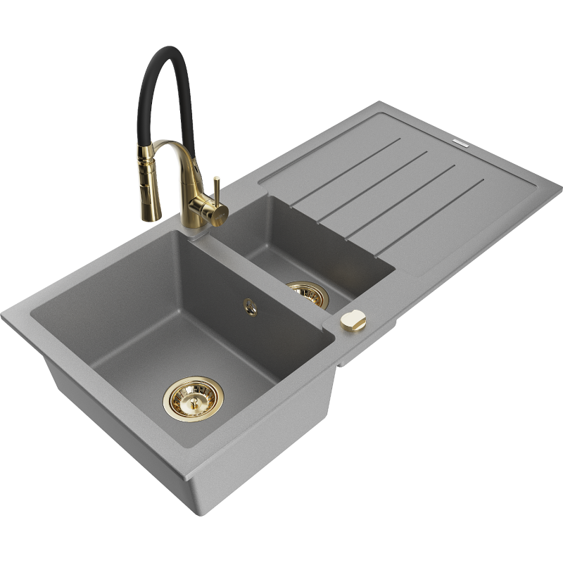 Mexen Andres granite sink 1.5-bowl with drainer and Aster kitchen tap, grey - 6515-71-73450-57-G