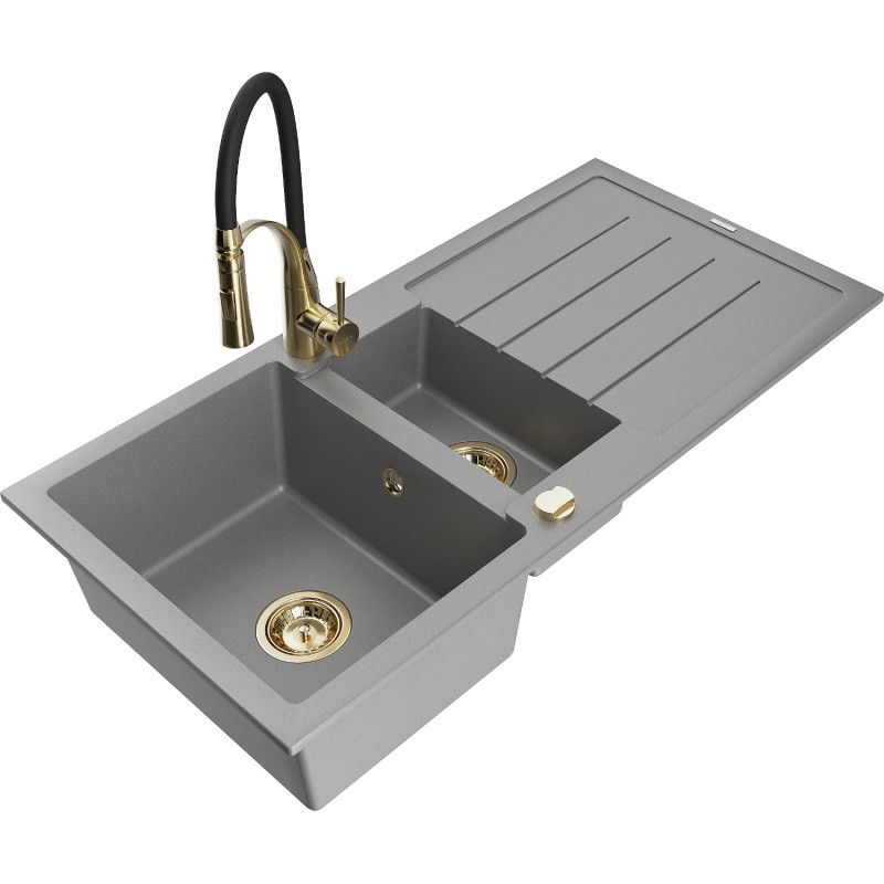 Mexen Andres granite sink 1.5-bowl with drainer and kitchen faucet Aster, gray - 6515-71-73450-57-G