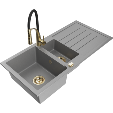 Mexen Andres granite sink 1.5-bowl with drainer and Aster kitchen tap, grey - 6515-71-73450-57-G