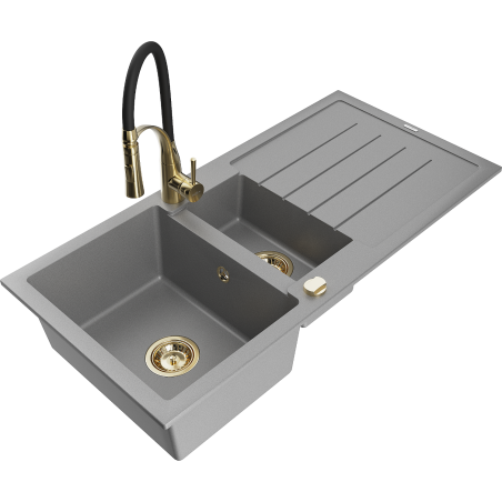 Mexen Andres granite sink 1.5-bowl with drainer and kitchen faucet Aster, gray - 6515-71-73450-57-G