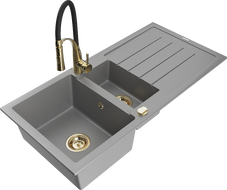 Mexen Andres 1.5-compartment granite sink with a drip tray and kitchen mixer tap Aster, Grey - 6515-71-73450-57-G