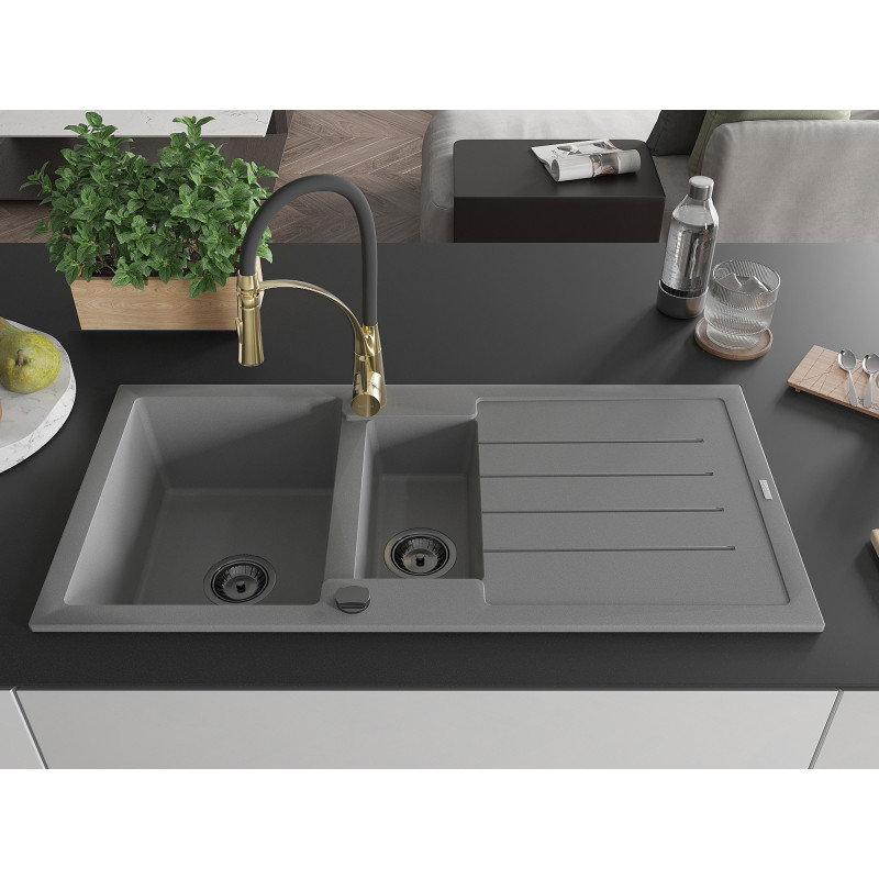 Mexen Andres 1.5-bowl granite sink with drainer and Aster kitchen faucet, gray - 6515-71-73450-57-B