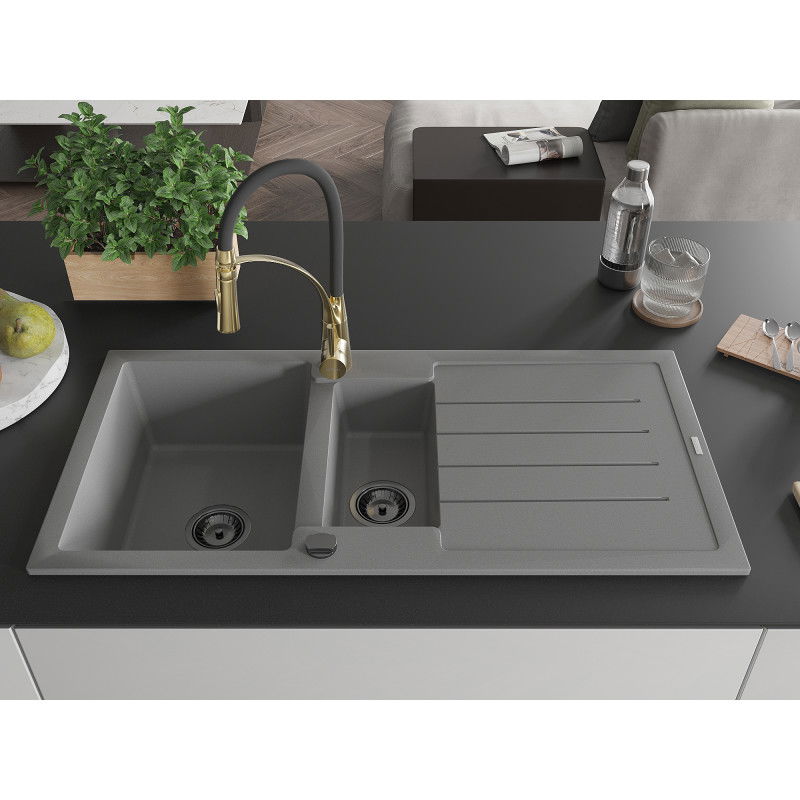 Mexen Andres granite sink 1.5-bowl with drainer and Aster kitchen tap, grey - 6515-71-73450-57-B