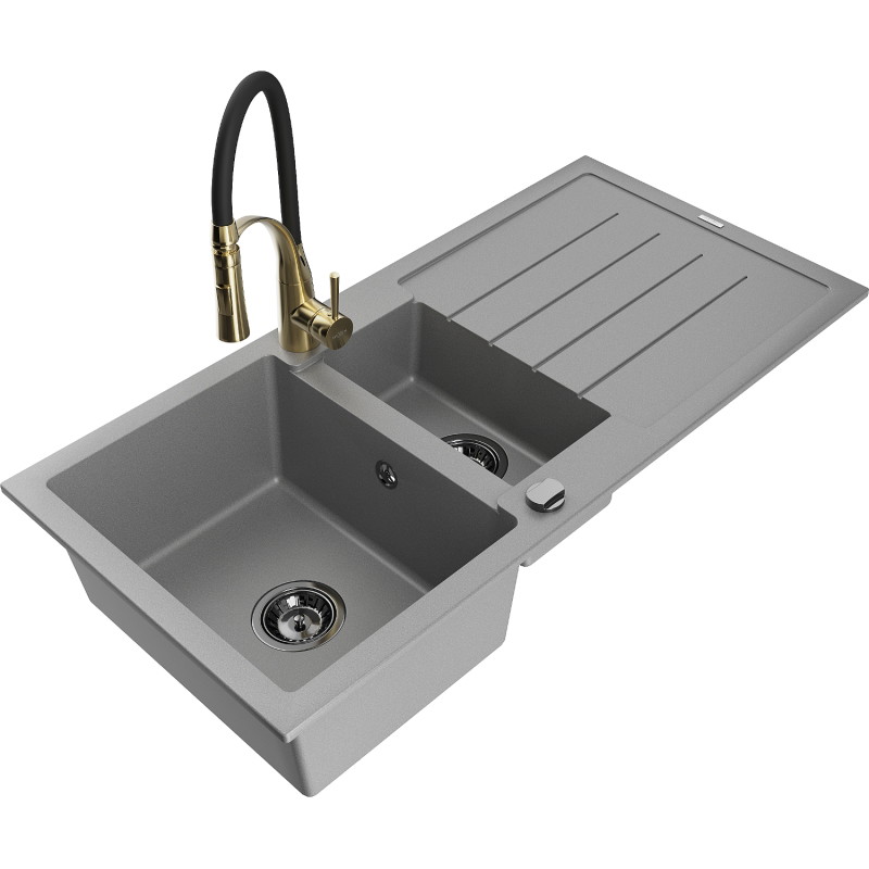 Mexen Andres 1.5-bowl granite sink with drainer and Aster kitchen faucet, gray - 6515-71-73450-57-B