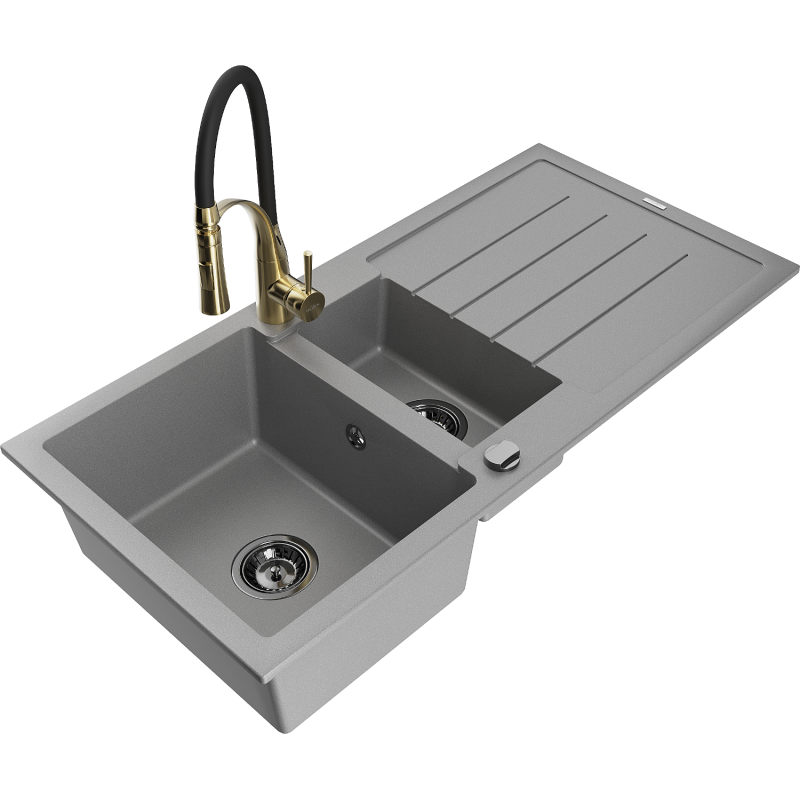 Mexen Andres granite sink 1.5-bowl with drainer and Aster kitchen tap, grey - 6515-71-73450-57-B