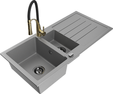 Mexen Andres 1.5-compartment granite sink with a drip tray and kitchen mixer tap Aster, Grey - 6515-71-73450-57-B