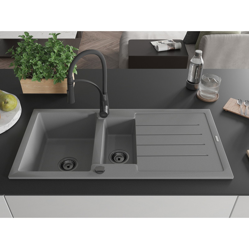 Mexen Andres granite sink 1.5-bowl with drainer and Aster kitchen tap, gray - 6515-71-73450-70-B