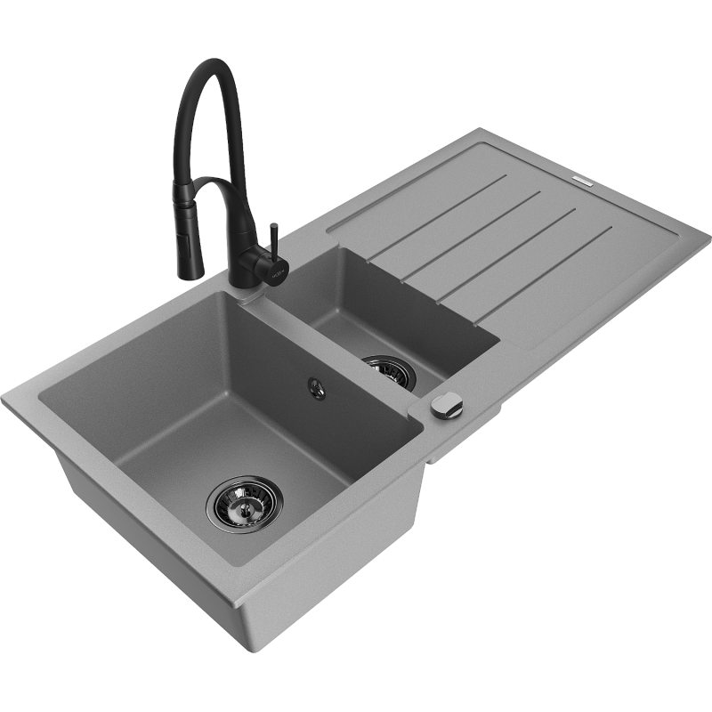 Mexen Andres granite sink 1.5-bowl with drainer and Aster kitchen faucet, grey - 6515-71-73450-70-B