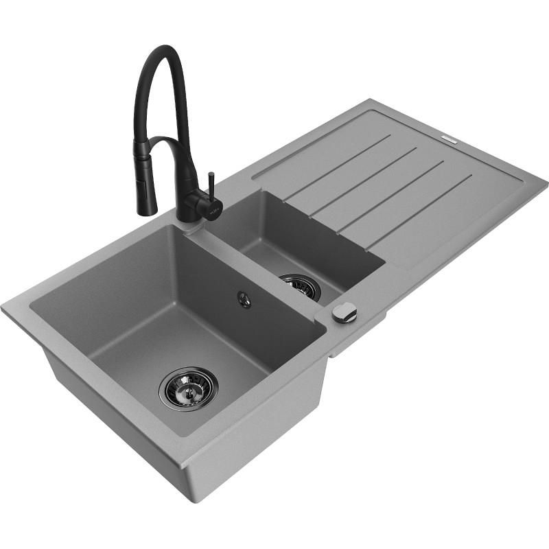 Mexen Andres granite sink 1.5-bowl with drainer and Aster kitchen tap, gray - 6515-71-73450-70-B