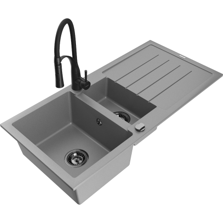 Mexen Andres granite sink 1.5-bowl with drainer and Aster kitchen faucet, grey - 6515-71-73450-70-B