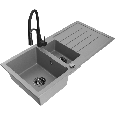 Mexen Andres granite sink 1.5-bowl with drainer and Aster kitchen tap, gray - 6515-71-73450-70-B