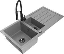 Mexen Andres 1.5-bowl Granite Sink with Drainer and Aster Kitchen Faucet, Gray - 6515-71-73450-70-B