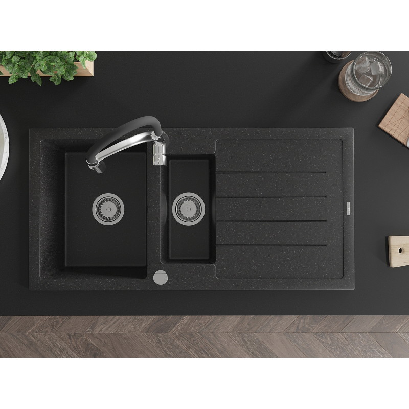 Mexen Andres granite sink 1.5-bowl with drainer and Aster kitchen faucet, black/silver metallic - 6515-73-73450-07
