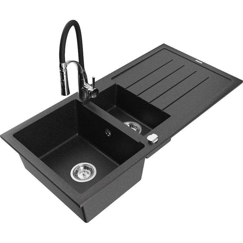 Mexen Andres 1.5-compartment granite sink with a drip tray and kitchen mixer tap Aster, Black/Silver metallic - 6515-73-73450-07