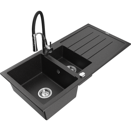 Mexen Andres 1.5-compartment granite sink with a drip tray and kitchen mixer tap Aster, Black/Silver metallic - 6515-73-73450-07