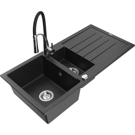 Mexen Andres granite sink 1.5-bowl with drainer and Aster kitchen faucet, black/silver metallic - 6515-73-73450-07