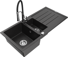Mexen Andres 1.5-compartment granite sink with a drip tray and kitchen mixer tap Aster, Black/Silver metallic - 6515-73-73450-07