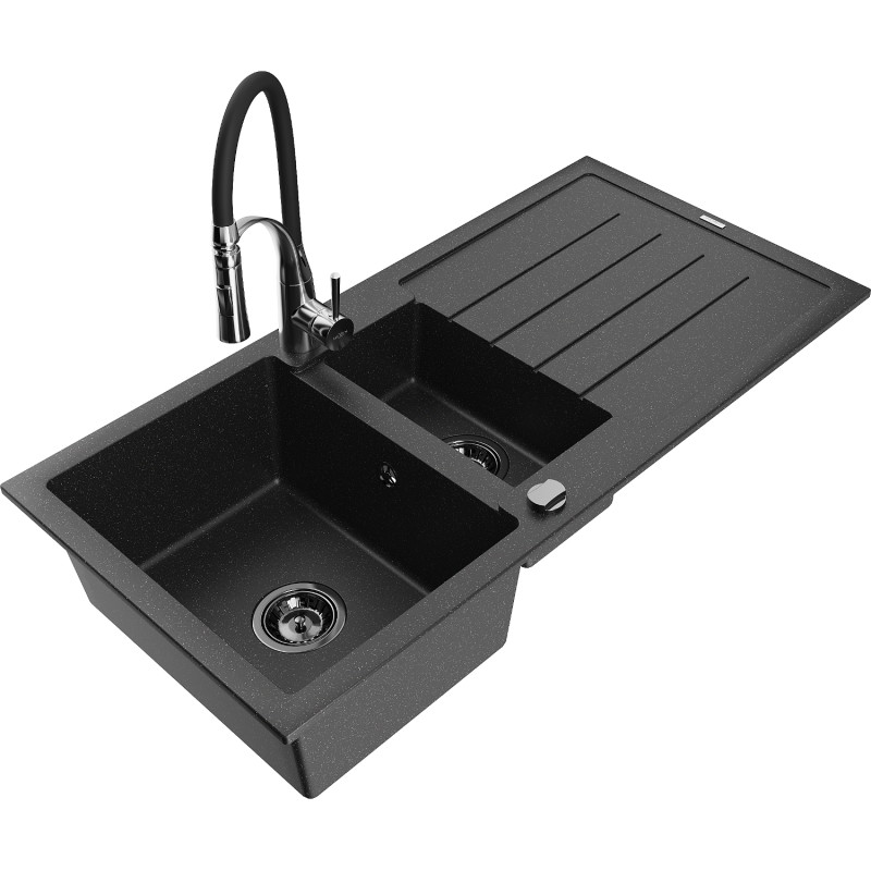 Mexen Andres granite sink 1.5-bowl with drainer and kitchen faucet Aster, black/silver - 6515-73-73450-07-B