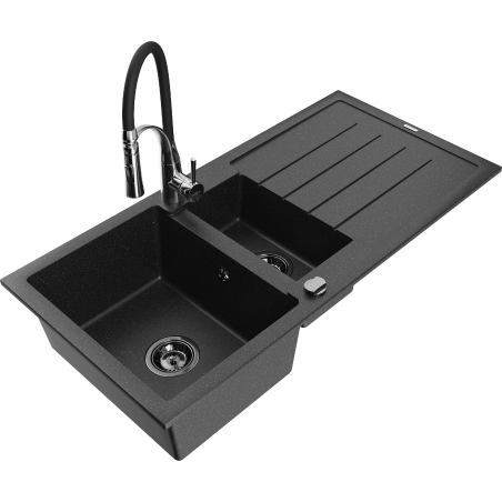 Mexen Andres 1.5-compartment granite sink with a drip tray and kitchen mixer tap Aster, Black/Silver - 6515-73-73450-07-B