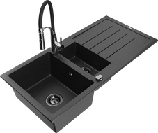 Mexen Andres granite sink 1.5-bowl with drainer and Aster kitchen tap, black/silver - 6515-73-73450-07-B