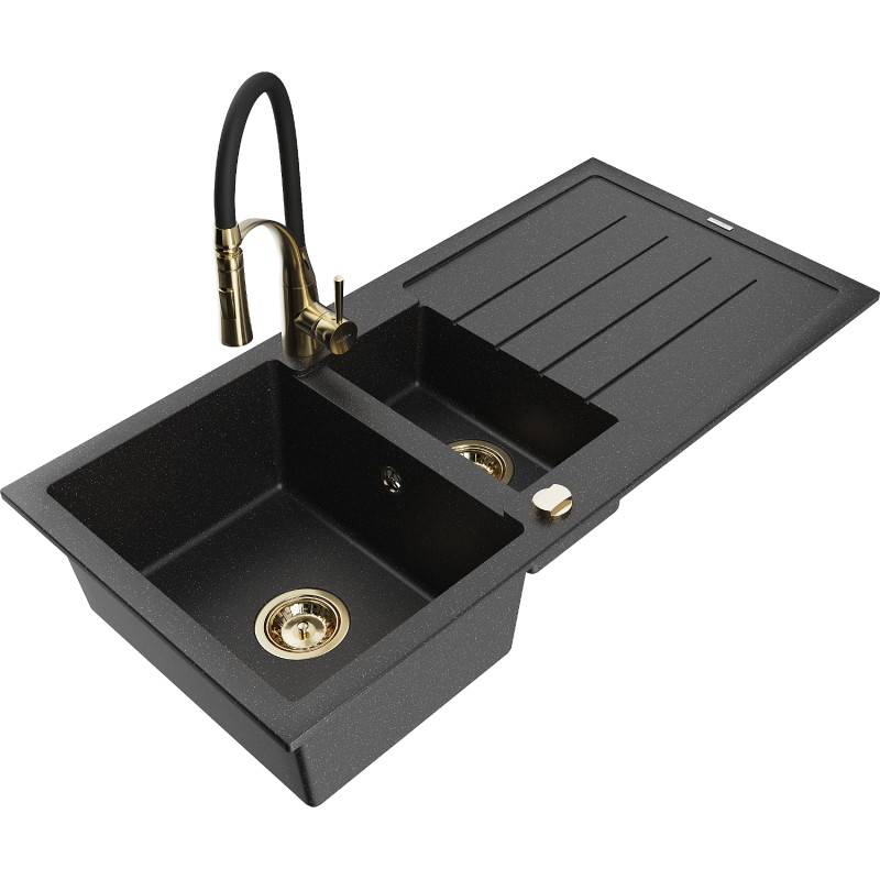Mexen Andres granite sink 1.5-bowl with drainer and Aster kitchen faucet, black/silver - 6515-73-73450-57-G