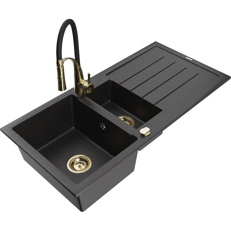 Mexen Andres granite sink 1.5-bowl with drainer and kitchen tap Aster, black/silver - 6515-73-73450-57-G