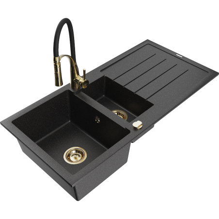 Mexen Andres granite sink 1.5-bowl with drainer and Aster kitchen faucet, black/silver - 6515-73-73450-57-G