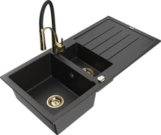 Mexen Andres granite sink 1.5-bowl with drainer and kitchen tap Aster, black/silver - 6515-73-73450-57-G