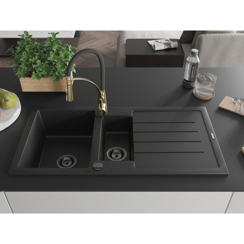 Mexen Andres granite kitchen sink 1.5-bowl with drainer and Aster kitchen faucet, black/silver - 6515-73-73450-57-B