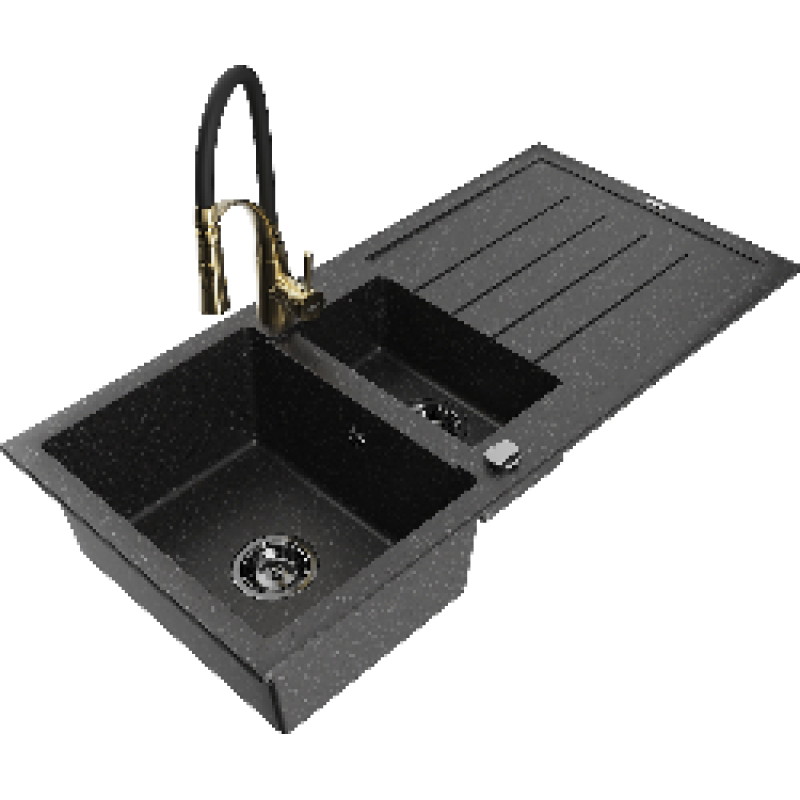 Mexen Andres granite kitchen sink 1.5-bowl with drainer and Aster kitchen faucet, black/silver - 6515-73-73450-57-B