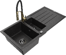 Mexen Andres 1.5-compartment granite sink with a drip tray and kitchen mixer tap Aster, Black/Silver - 6515-73-73450-57-B