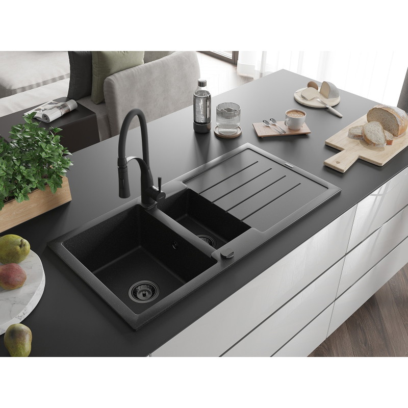 Mexen Andres granite kitchen sink 1.5-bowl with drainer and kitchen faucet Aster, black/silver - 6515-73-73450-70-B