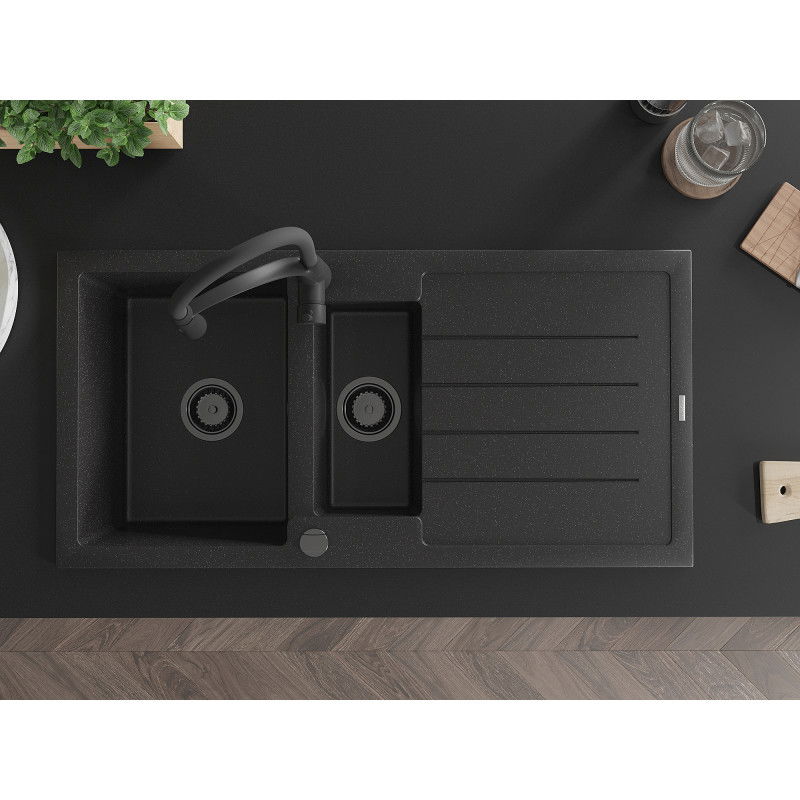 Mexen Andres granite sink 1.5-bowl with drainer and Aster kitchen tap, black/silver - 6515-73-73450-70-B