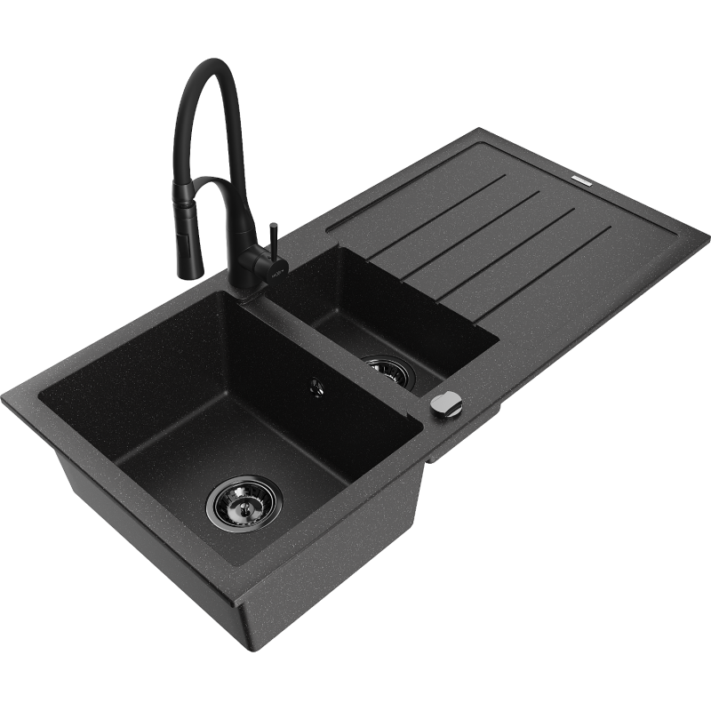 Mexen Andres granite sink 1.5-bowl with drainer and Aster kitchen tap, black/silver - 6515-73-73450-70-B