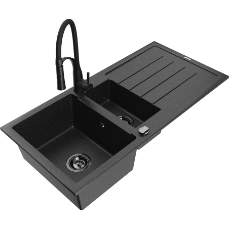Mexen Andres granite sink 1.5-bowl with drainer and Aster kitchen tap, black/silver - 6515-73-73450-70-B