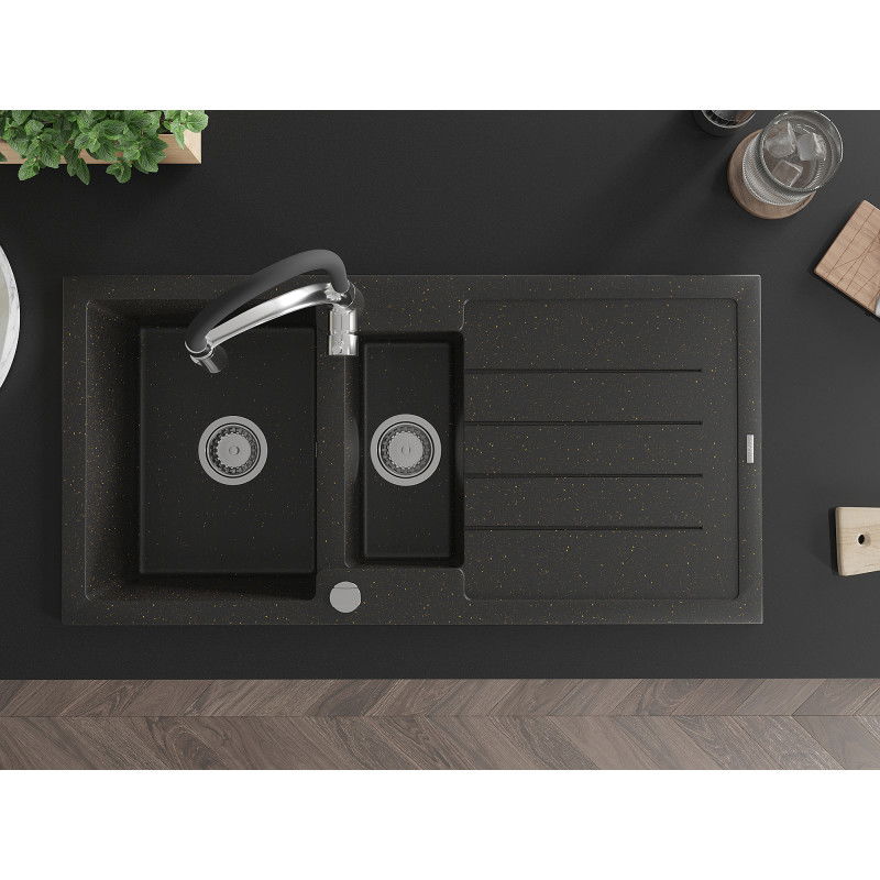 Mexen Andres granite sink 1.5-bowl with drainer and Aster kitchen tap, black/gold metallic - 6515-75-73450-07