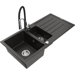Mexen Andres 1.5-compartment granite sink with a drip tray and kitchen mixer tap Aster, Black/Gold metallic - 6515-75-73450-07